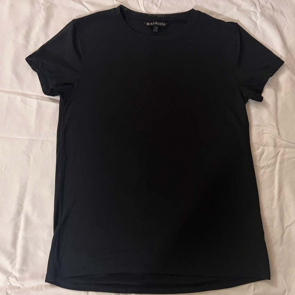 Athleta Black Short Sleeve T-Shirt, the sleeves are see through mesh fabric
